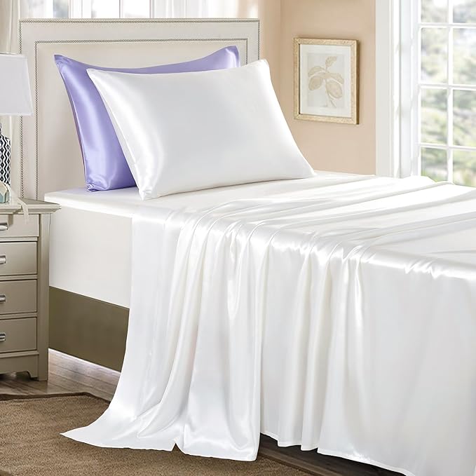 Satin Sheets Twin Size - 3 Pieces Luxury Silky Soft Bed Sheets for Kids, Wrinkle-Free White Satin Silk Sheet Set with 1 Deep Pocket Fitted Sheet, 1 Flat Sheet, 1 Pillow case