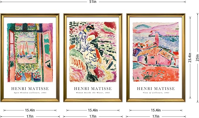 Wieco Art Framed Wall Art 3 Piece Henri Mattise Art Abstract Colorful Matisse Posters Canvas Prints for Wall and Home Office Decorations Bronze Gold Frame