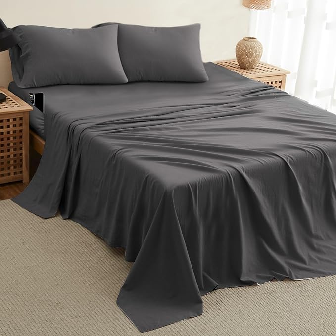 DREAMCARE Queen Size Sheets - Cooling Bed Sheets - 4pcs Set - up to 15" Deep Pocket Queen Sheet Set - Sheets Queen Size Bed - Soft & Long Lasting 100% Fine Brushed Polyester with Side Pocket - Grey DREAMCARE