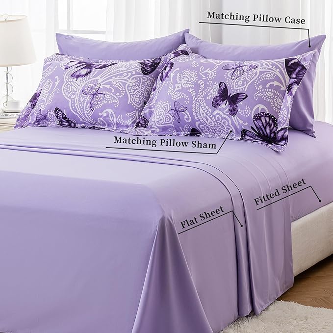 ARTALL Bed in A Bag Twin Size 5 Pieces, Purple Paisley Butterfly Bedding Comforter Set All Season Bed Set with 1 Comforter, 1 Pillow Sham, 1 Flat Sheet, 1 Fitted Sheet, 1 Pillowcase