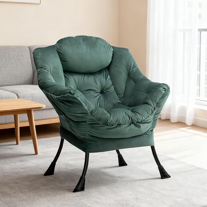 HollyHOME Lazy Chair with Armrest and Side Pocket, Comfy Accent Lounge Chair,Leisure Sofa Armchair for Living Room, Bedroom, Dorm, or Small Spaces, Oversized Reading Sofa Chair,Velvet Dark Atrovirens