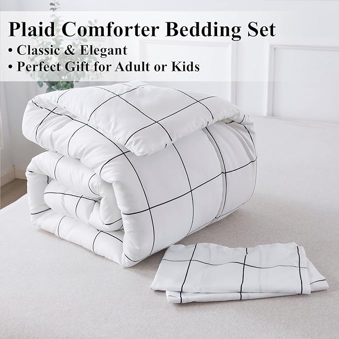 Andency White Grid Comforter Set Queen(90x90Inch), 3 Pieces (1 Plaid Comforter and 2 Pillowcases) White Plaid Comforter Set, Lightweight Microfiber Gingham Geometric Comforter Bedding Set