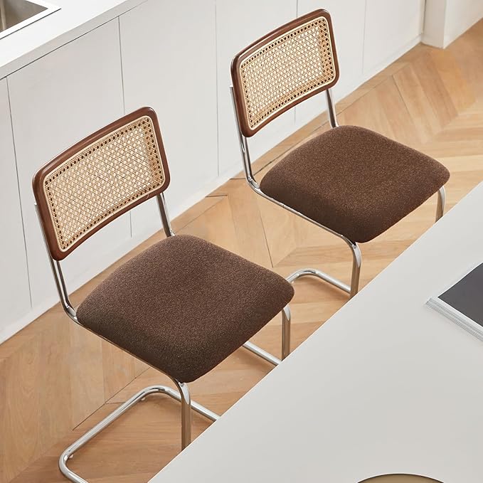 Natural Rattan Counter Height Stools Set of 2 with Solid Wood Back, 24 Inch Mid Century Modern Cesca Bar Stools, Brown Upholstery Boho Stool for Kitchen Counter with Chrome Metal Legs