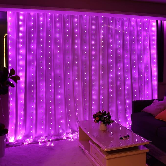 HXWEIYE 300LED Fairy Curtain Lights, 9.8x9.8Ft USB Plug-in 8 Modes Christmas String Hanging Lights with Remote for Bedroom Backdrop Wedding Indoor Wall Decor, Pink, Tangle-Free – 1 Pack