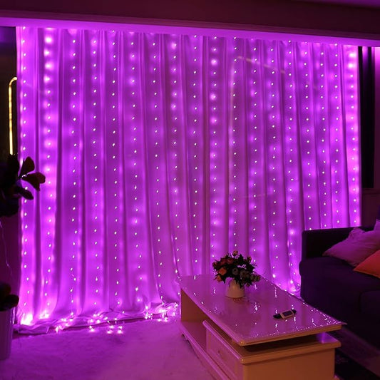 HXWEIYE 300LED Fairy Curtain Lights, 9.8x9.8Ft USB Plug-in 8 Modes Christmas String Hanging Lights with Remote for Bedroom Backdrop Wedding Indoor Wall Decor, Pink, Tangle-Free – 1 Pack