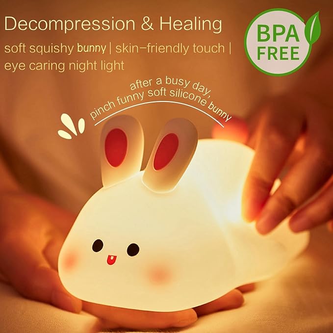 Squishy Bunny Night Light, Cute Easter Rabbit, Bunny Lamp, Led Big Face Rabbit Decor, Novelty Gifts, Dimmable Rechargeable Light up Bunnies, Nursery Room College Dorm Touch Nightlight