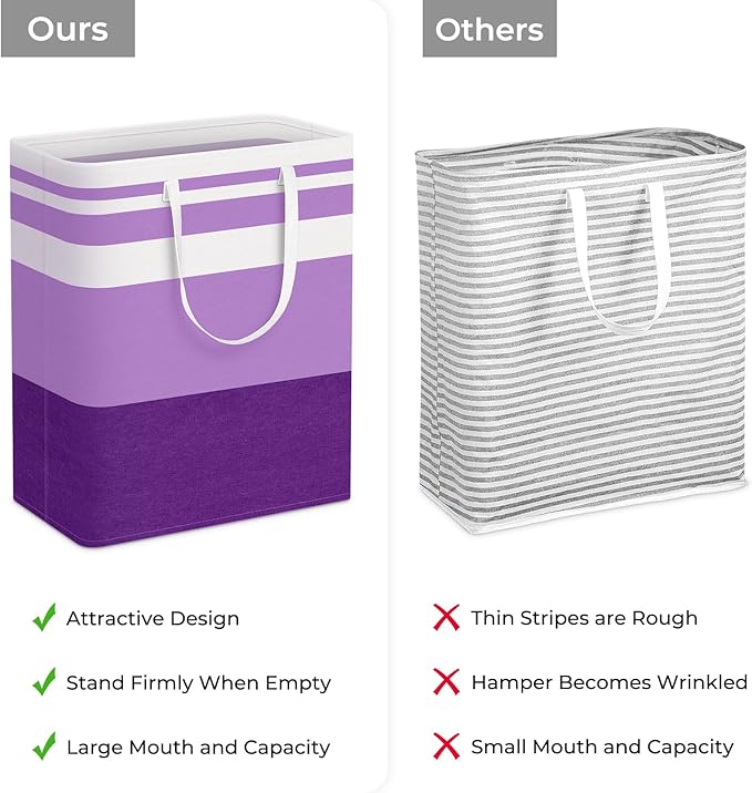HomeHacks 2 Pack Large Laundry Baskets, Waterproof, Freestanding Laundry Hampers, Collapsible Clothes Hamper with Reinforced Handles in Laundry, College Dorm, Bathroom, Bedroom (Purple, 125Lx2)