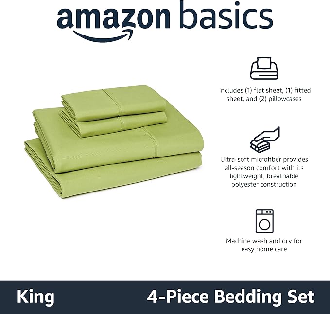 Amazon Basics Lightweight Microfiber 4-Piece Bed Sheet Set, Oliver Light, Solid, King AmazonBasics