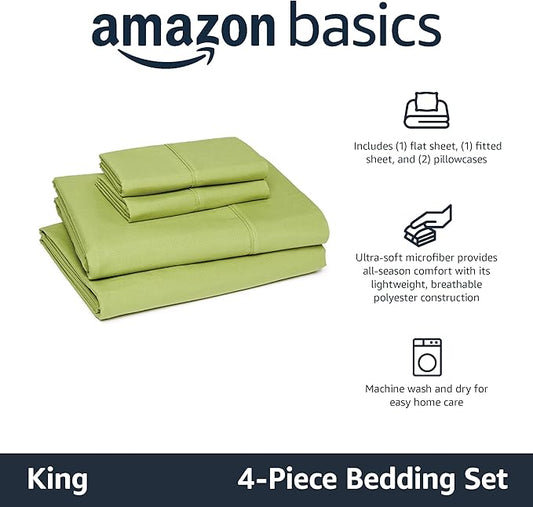 Amazon Basics Lightweight Microfiber 4-Piece Bed Sheet Set, Oliver Light, Solid, King AmazonBasics