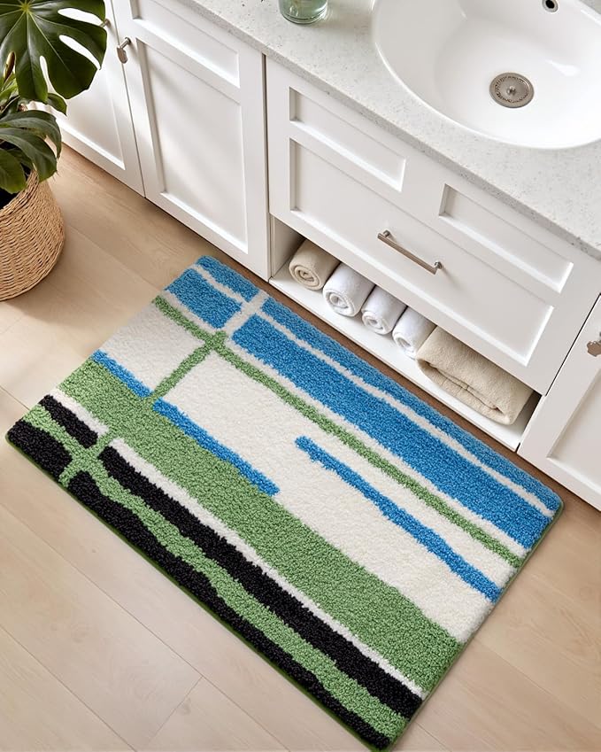 DEXI Striped Bath Mats for Bathroom 36x24, Washable Absorbent Bathroom Rugs with Non Slip Backing, Extra Soft Plush Microfiber Shower Rugs for Tub, Floor, Sink, Blue and Green