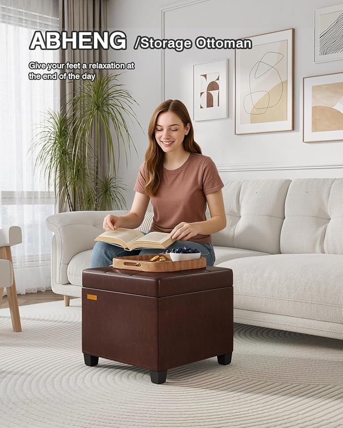 17.7 inches Synthetic Leather turfed Ottomans Cube with Storage, Metal-Framed Square Storage Ottoman Foot Rest Stool Holds 770 LB for Dorm Living Room Bedroom Brown UASND63R