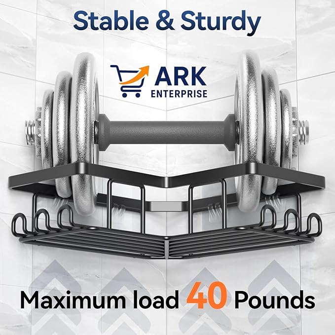 Shower Caddy Corner Shelf with Soap Holder, No Drill Adhesive Wall Mounted with Hooks - Rustproof Stainless Steel Rack by ARK.