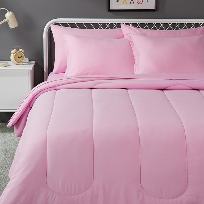 Amazon Basics 7 Piece Soft Microfiber Kid's Bed-in-a-Bag Bedding Set, Full/Queen, Pink, Solid