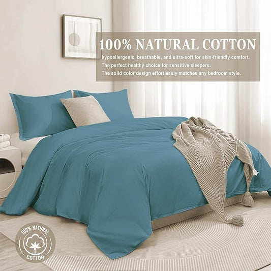 100-Percent Cotton Duvet Cover Set, Hidden Zipper Closure, Ultra Soft, Easy Care and Durable, Simple Bedding Style, Queen/Full, Solid Teal Blue (Comforter Not Included)