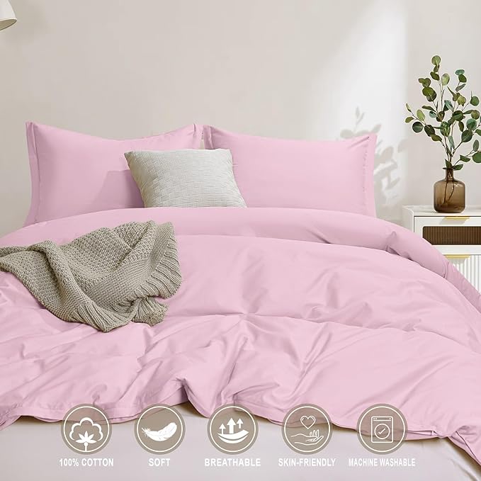 100-Percent Cotton Duvet Cover Set, Hidden Zipper Closure, Ultra Soft, Easy Care and Durable, Simple Bedding Style, King, Pastel Pink (Comforter Not Included)