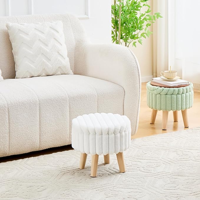 Wimarsbon Storage Ottoman,Soft Faux Fur Footstool with Padded Seat, Small Reading Vanity Chair, Footrest with Wood Tray for Couch, Mini Coffee Table or Display Stand (Light Green, Round Storage)