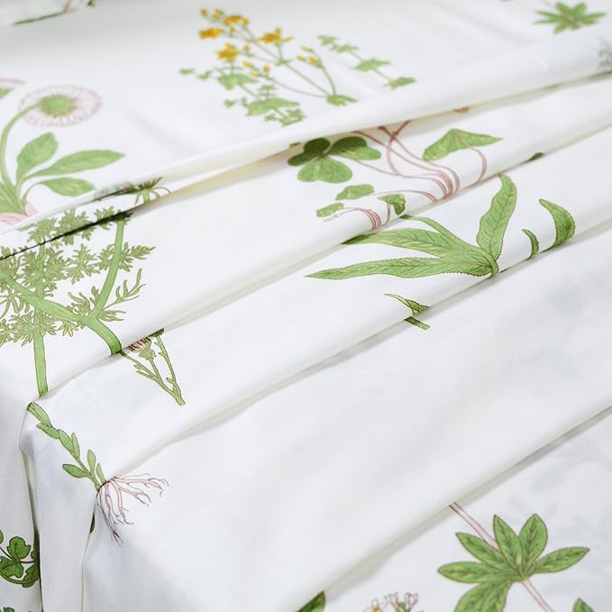 FADFAY 100% Cotton Bed Sheet Set 4-Piece Green Floral Sheet Set 1 Flat Sheet,1 Fitted Sheet and 2 Pillow Cases, Soft Comfortable Bedding Set - Twin Extra Long (Twin XL)