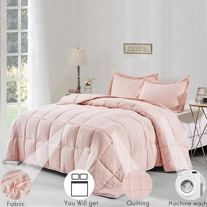 HIG 3pc Down Alternative Comforter Set - All Season Reversible Comforter with Two Shams (King/Cal King, Pre-Washed Pink)