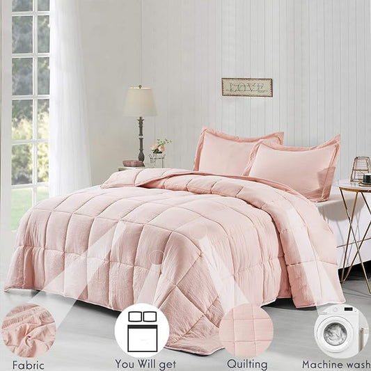 HIG 3pc Down Alternative Comforter Set - All Season Reversible Comforter with Two Shams (King/Cal King, Pre-Washed Pink)