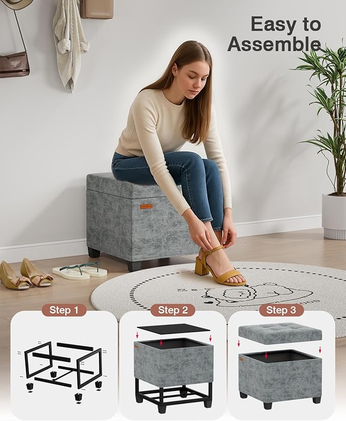 17.7 inches Chenille turfed Ottomans Cube with Storage, Metal-Framed Square Storage Ottoman Foot Rest Stool Holds 770 LB for Dorm Living Room Bedroom Gray UASN641G