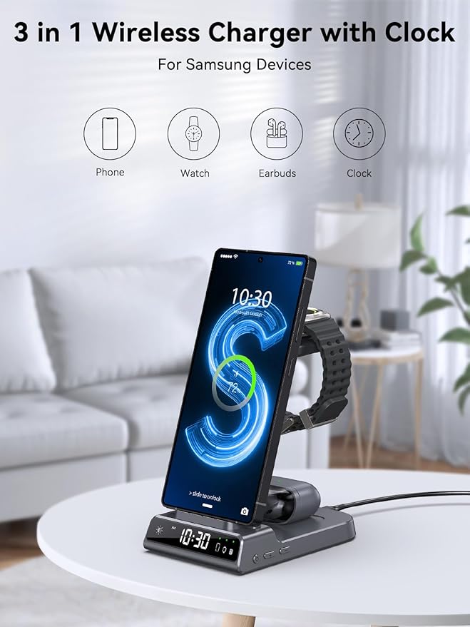 Wireless Charger for Samsung Charging Station with Clock for Samsung Galaxy S25 Ultra/S24/Z Fold 7/Flip 7/6/Bud, 3 in 1 Android Charging Station, Watch Charger for Samsung Galaxy Watch 8/7/6/5 (Grey)