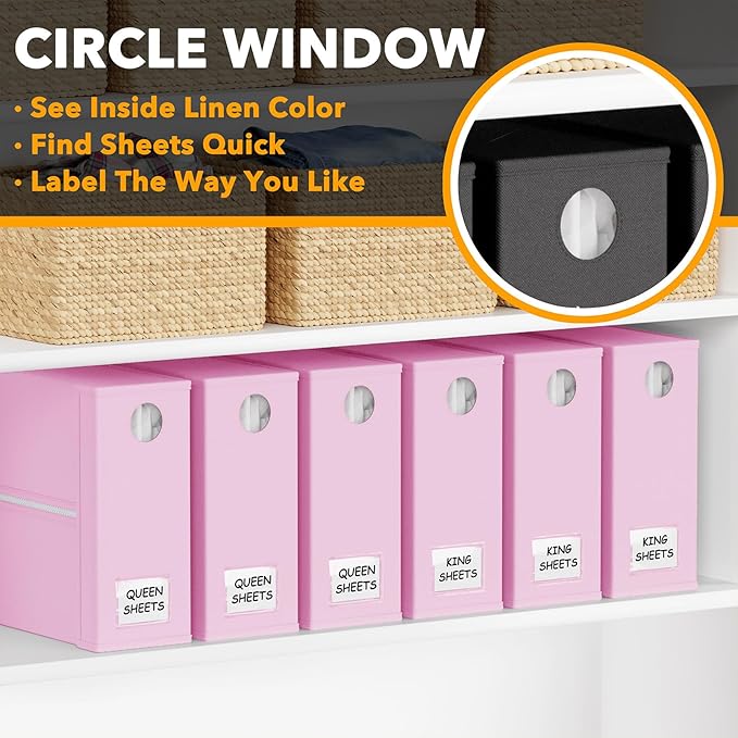 SpaceAid 6 Pack Bed Sheet Organizers and Storage, Foldable Sheet Organizer with Window for Linen Closet, Set Folder Keeper for Queen & King Size Bedding Storage (Pink)