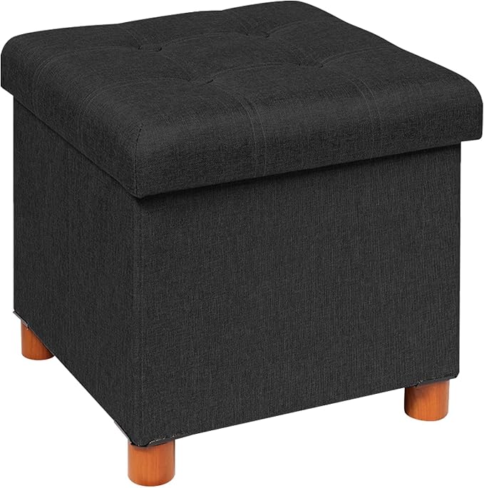 B FSOBEIIALEO Storage Ottoman with Tray, Foot Stools and Ottomans with Legs, Storage Cube Seat Linen Black 15"