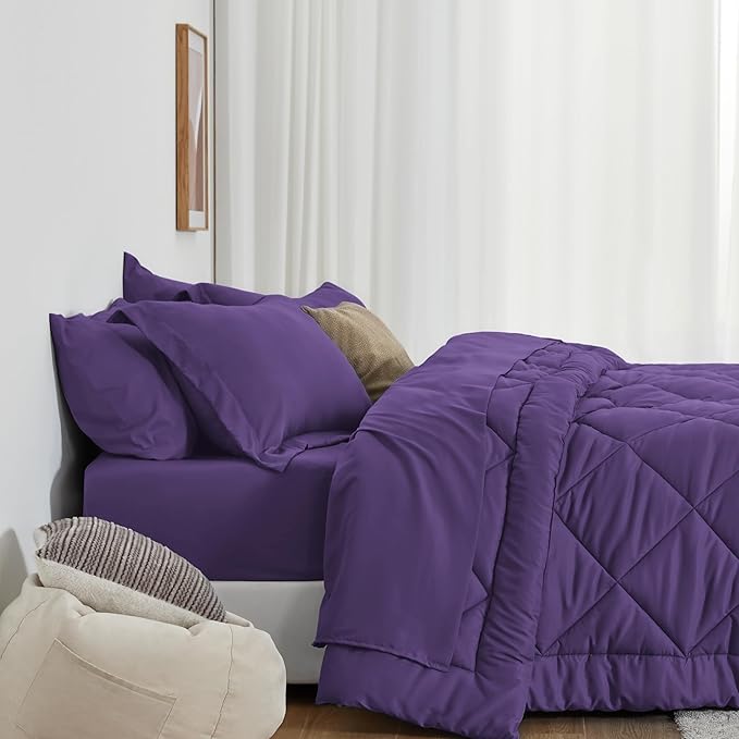 Love's cabin Full Comforter Set Purple, 7 Pieces Full Bed in a Bag, All Season Bedding Sets with 1 Comforter, 1 Flat Sheet, 1 Fitted Sheet, 2 Pillowcase and 2 Pillow Sham