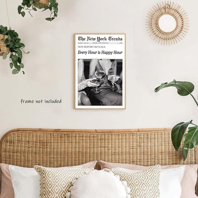 Retro New York Trends Wall Art Black and White Newspaper Poster Every Hour Is Happy Hour Canvas Prints Funky Feminist Posters Trendy Alcohol Wall Decor for Bar Cart Hot Girl Dorm Room Decorative 12x16inch Unframed