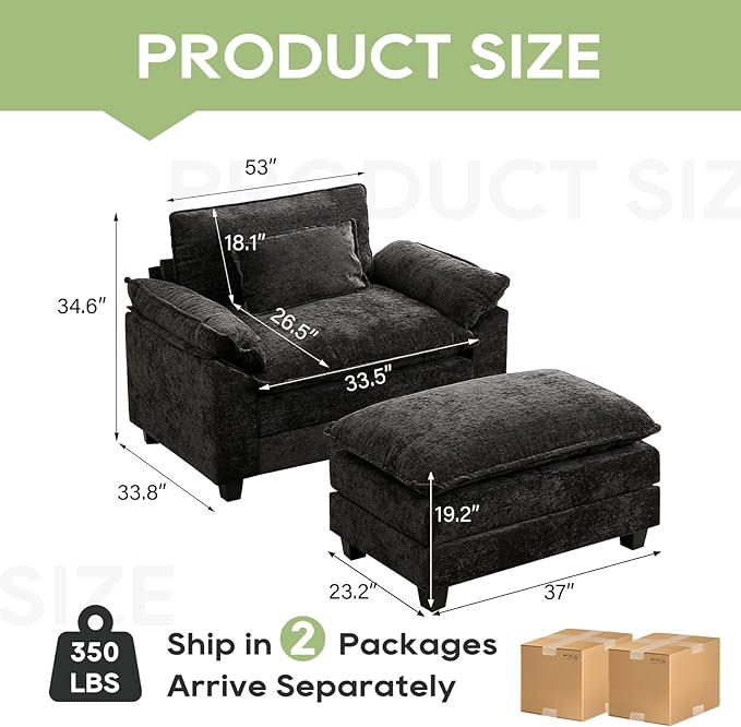 53" Modular Sectional Sofa, Comfy Cloud Couch Sectional Sofa with Ottoman, Chenille Sofa Sleeper Deep Seat Sofa with Throw Pillows for Living Room (Black)