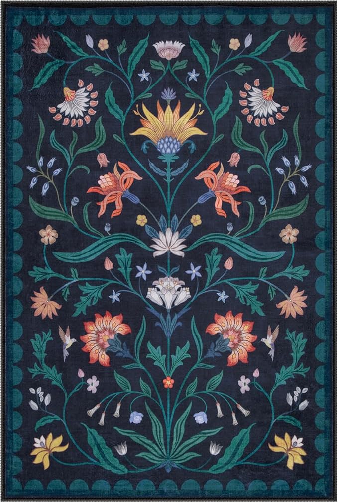 Lahome Boho Floral 2x3 Washable Kitchen Rugs for Entryway, Blue Door Mat Indoor Entrance, Small Soft Non-Slip Indoor Carpet Throw Rugs for Bathroom Laundry(Dark Blue,2x3)
