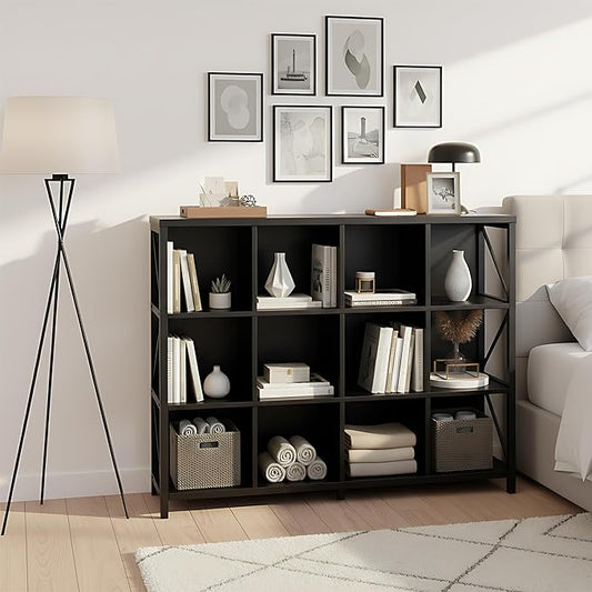 12 Cube Storage Organizer Bookshelf, Industrial Horizontal Bookcase, Accent Cubby Shelf, Corner Bookcase for Living Room, Home Office, 11.8" D x 47.6" W x 38.2" H, Black