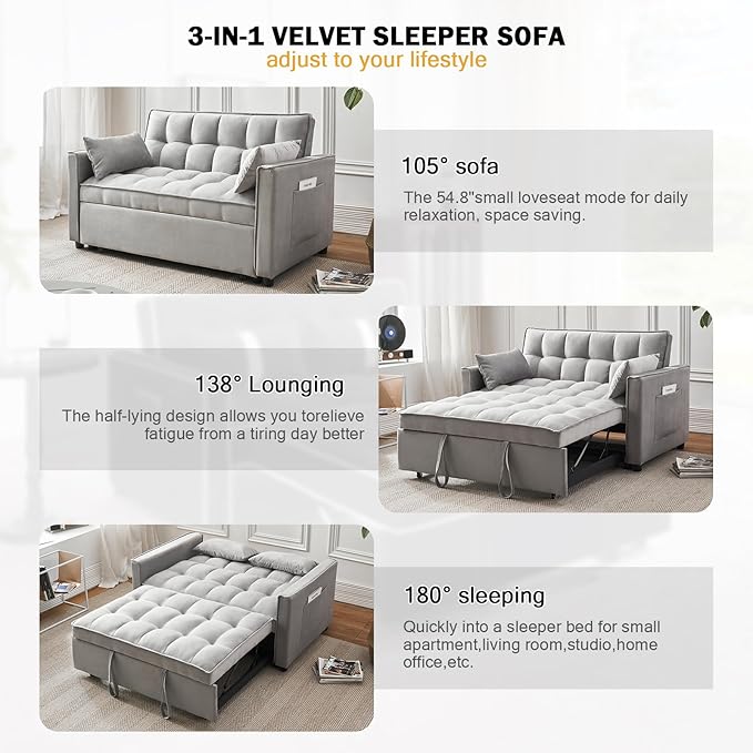 Futon Sofa Bed, 3 in 1 Sleeper Sofa Couch Bed with Armrests, Storage Pockets and 2 Pillows, Adjustable Backrest, Sofa Bed Couch for Living Room, Bedroom, Office,Reading Room(Grey)