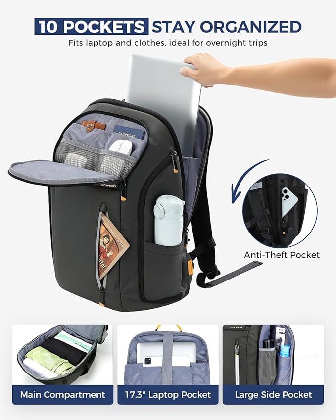 17 Inch Laptop Backpack for Men, Business Travel Anti-Theft Backpack with USB Charging Port, Water Resistant Computer Bag Carry On Flight Approved for Work College Weekender, Dark Grey