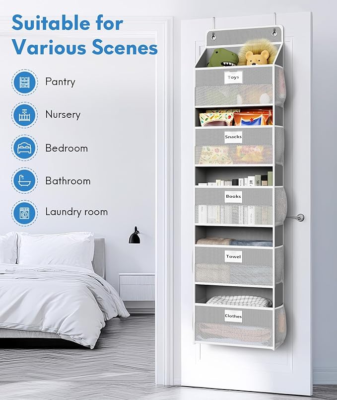 Over The Door Organizer Hanging, 5 Shelf Behind The Doors Storage, Pantry Door Organizer, Closet Organizers for Bedroom and Nursery (Grey)