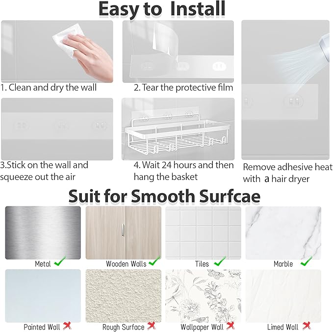 5 Pack Shower Caddy Organizer Rack Shelf for Inside Shower, Self Adhesive Wall Storage Basket Rustproof Stainless Steel Shampoo Holder Bathroom Accessory Decor Set, White