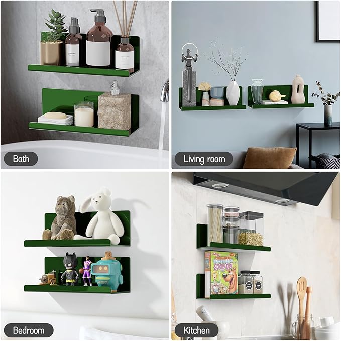 Adhesive Floating Shelves for Wall No Drilling, 12 Inch Acrylic Self Adhesive Shelves, Stick on Shelves, Dorm Wall Shelf, for Bathroom, Kitchen, Bedroom, Office, Gaming Room, Green