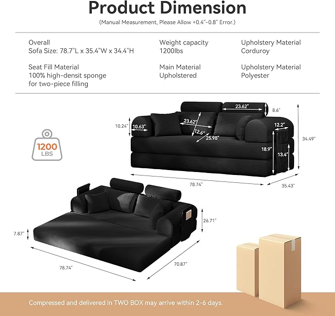 Upgrade High Backrest Design Sofa Bed with Fixed-Shape Frame & Removable Armrests and Backrest, Corduroy Fabric, Convertible Mattress Couch for Small Spaces - No Assembly Neede (High Backrest Black)