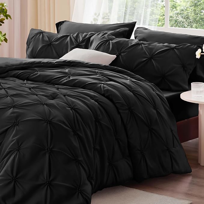 BEDELITE Black King Size Comforter Set - 3 Pieces Boho Pintuck Bedding Comforter Sets, Lightweight Soft & Warm King Bedding Set with 2 Pillowcases for All Season
