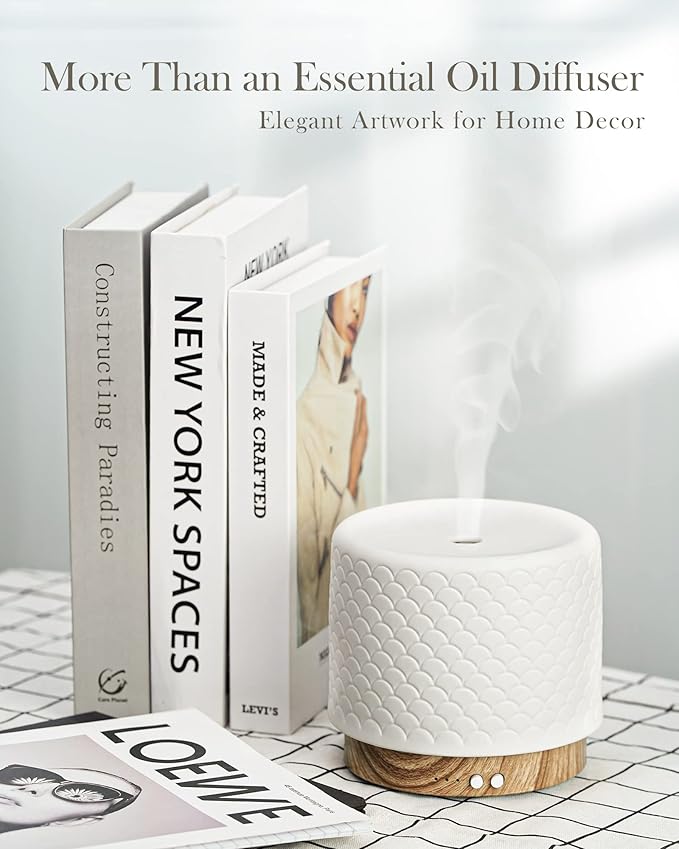 Essential Oil Diffuser, 280ml Ceramic Diffusers for Large Room, Ultrasonic Aromatherapy Diffuser with Cool Mist Humidifier, Quiet and Intelligent Oil Diffusers for Home,Office,Yoga,Bathroom