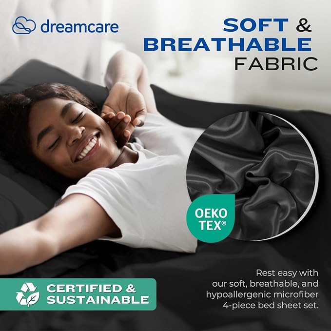DREAMCARE Queen Size Sheets - Cooling Bed Sheets - 4pcs Set - up to 15" Deep Pocket Queen Sheet Set - Sheets Queen Size Bed - Soft & Long Lasting 100% Fine Brushed Polyester with Side Pocket - Black DREAMCARE