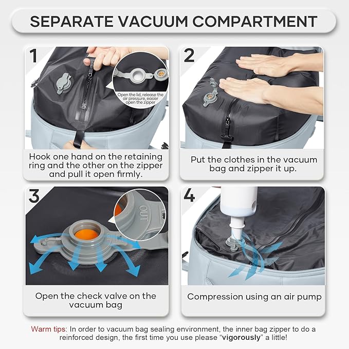 Vacuum Compression Backpack, Travel Vacuum Backpack with Electric Vacpack Pump, Flight Approved Carry On Personal Item Suitcase Luggage for Men Women, Light Blue