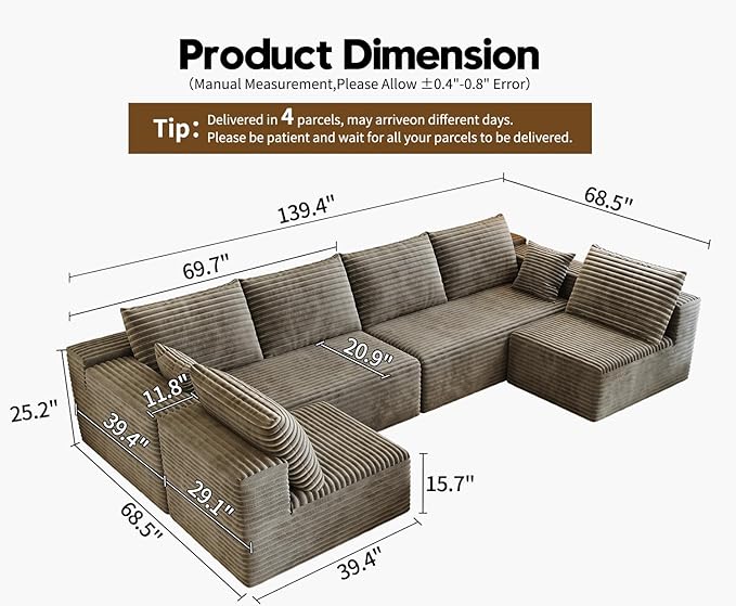 139.4" Modular Sectional Sofa, U-Shaped Minimalist Couches with 2 Middle Seats, Modern Deep Seat Convertible Sleeper Sofa Bed,Cloud Plush Corduroy Fabric, No Assembly Required, 6 Seater, Camel