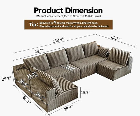 139.4" Modular Sectional Sofa, U-Shaped Minimalist Couches with 2 Middle Seats, Modern Deep Seat Convertible Sleeper Sofa Bed,Cloud Plush Corduroy Fabric, No Assembly Required, 6 Seater, Camel