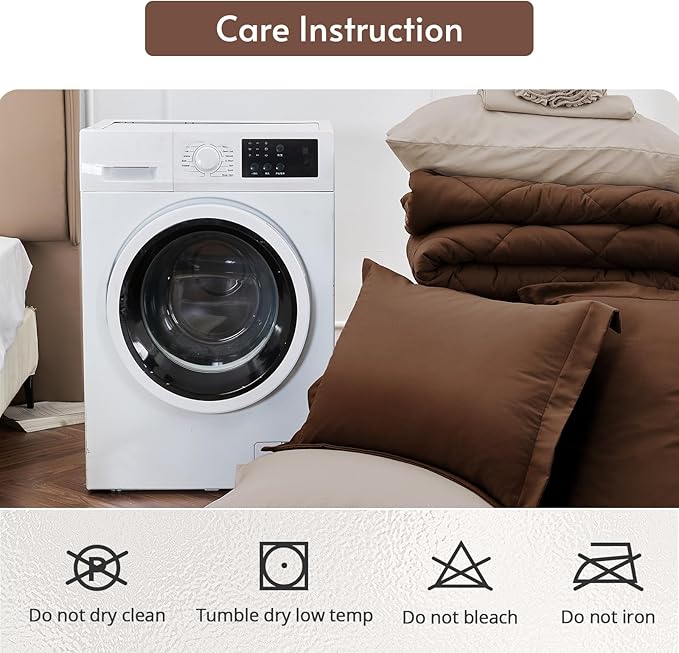 MUXHOMO 7 Pieces Queen Comforter Set, Reversible Bed in a Bag Queen Size, All Season Bedding Set with Comforter, Flat Sheet, Fitted Sheet, Pillowcases & Shams, Brown & Khaki