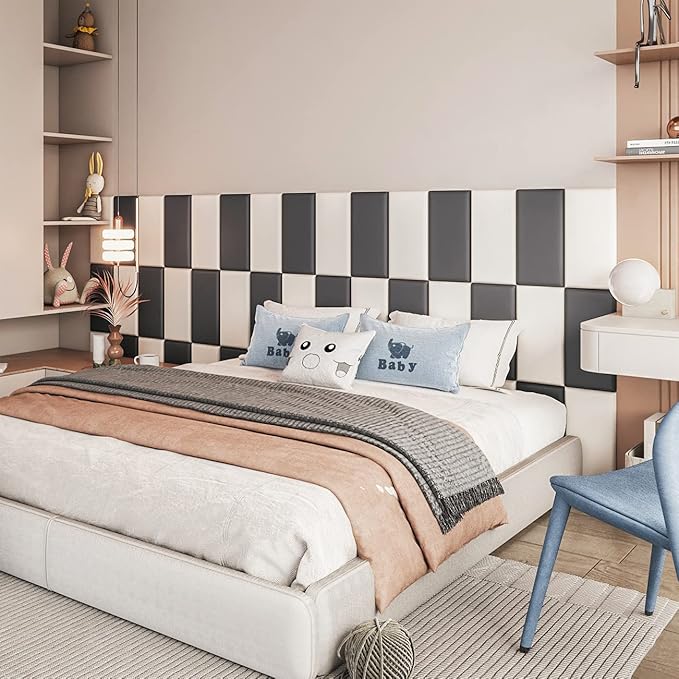 YLL Peel and Stick Headboard - Black Upholstered Wall Panels, Pack of 10, 3D Anti-Collision Padding, Soundproof