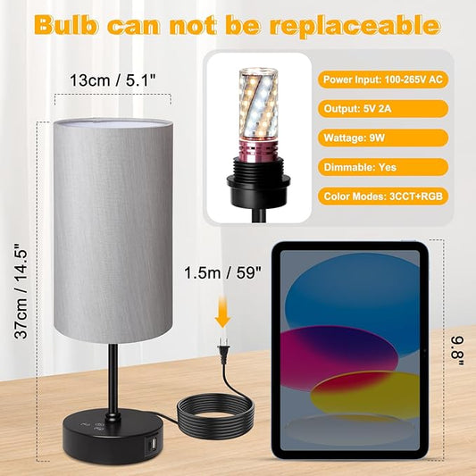 Unicozin Table Lamp for Bedroom, 3 Color Temperatures, 7 RGB Colors, Adjustable Brightness, Dual USB Charging Ports, Ambience Nightstand Light with Grey Shade, Desk Lamp for Kids Reading Home Office