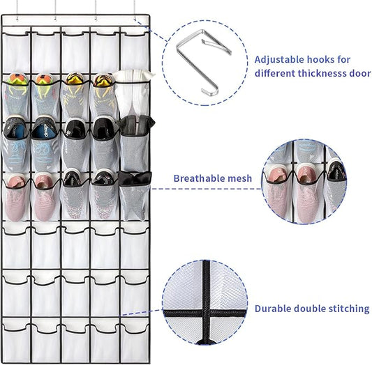 35 Pockets Over the Door Shoe Organizer, Hanging Shoe Organizer for Door with 35 Mesh Pockets Large Capacity Shoe Hanging Storage Bag with 4 Metal Hooks (White-1Pack)