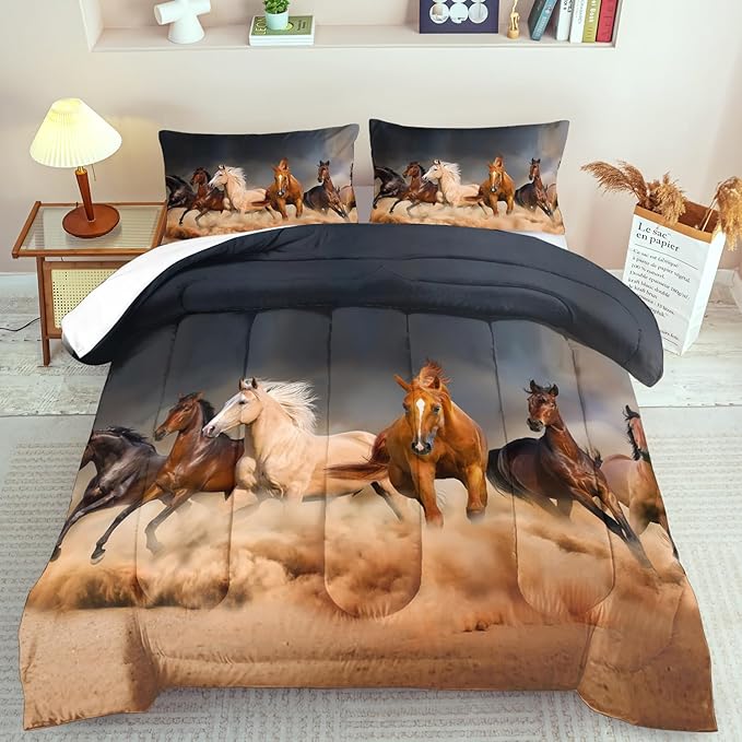 Western Horse Comforter Set Twin for Boys,Brown Western Cowboy Bedding Sets Twin Size, Farm Style Animal Horse Quilt for Boys, Southwestern Farmhouse Home Cowgirl Comforter Bedroom Decor