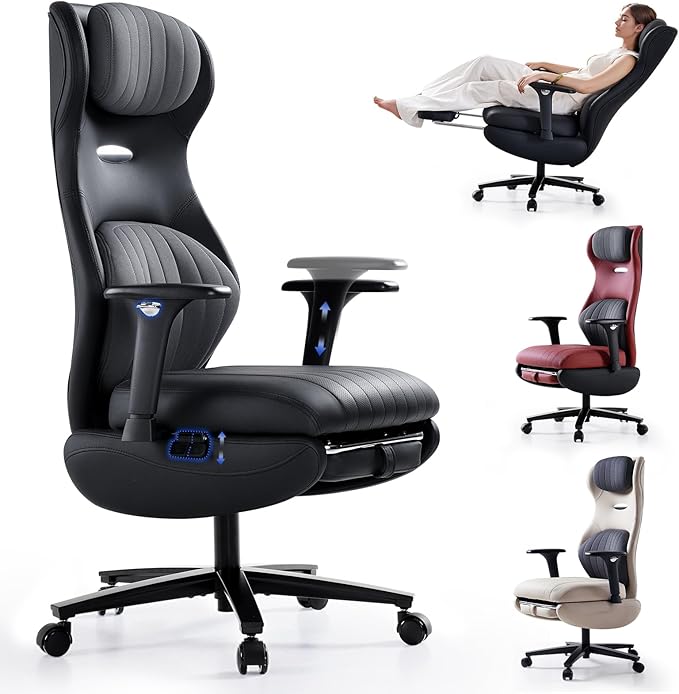 EMIAH Ergonomic Office Chair with Foot Rest Reclining Office Chair with Adjustable Arms and Headrest High Back Gaming Chair with Lumbar Support, PU Leather（Black）